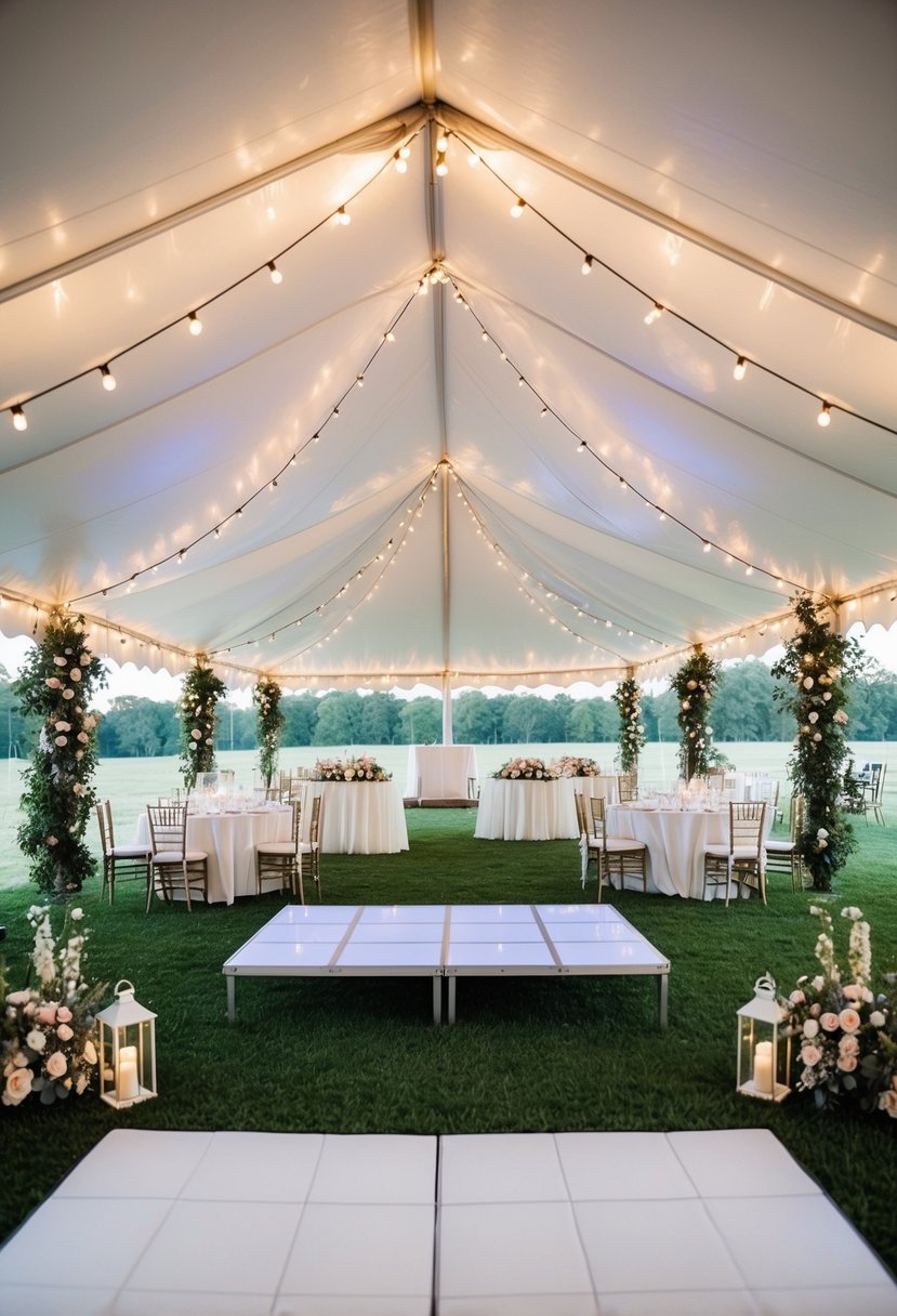 A white tent with a portable dance floor set up for a wedding reception, surrounded by twinkling lights and floral decorations