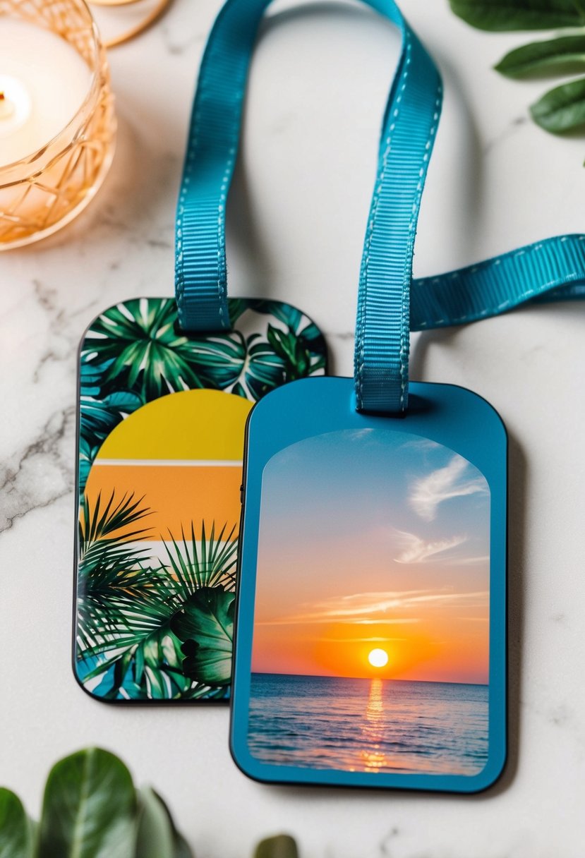 Two luggage tags, one with a tropical design and the other with a romantic sunset, tied together with a ribbon