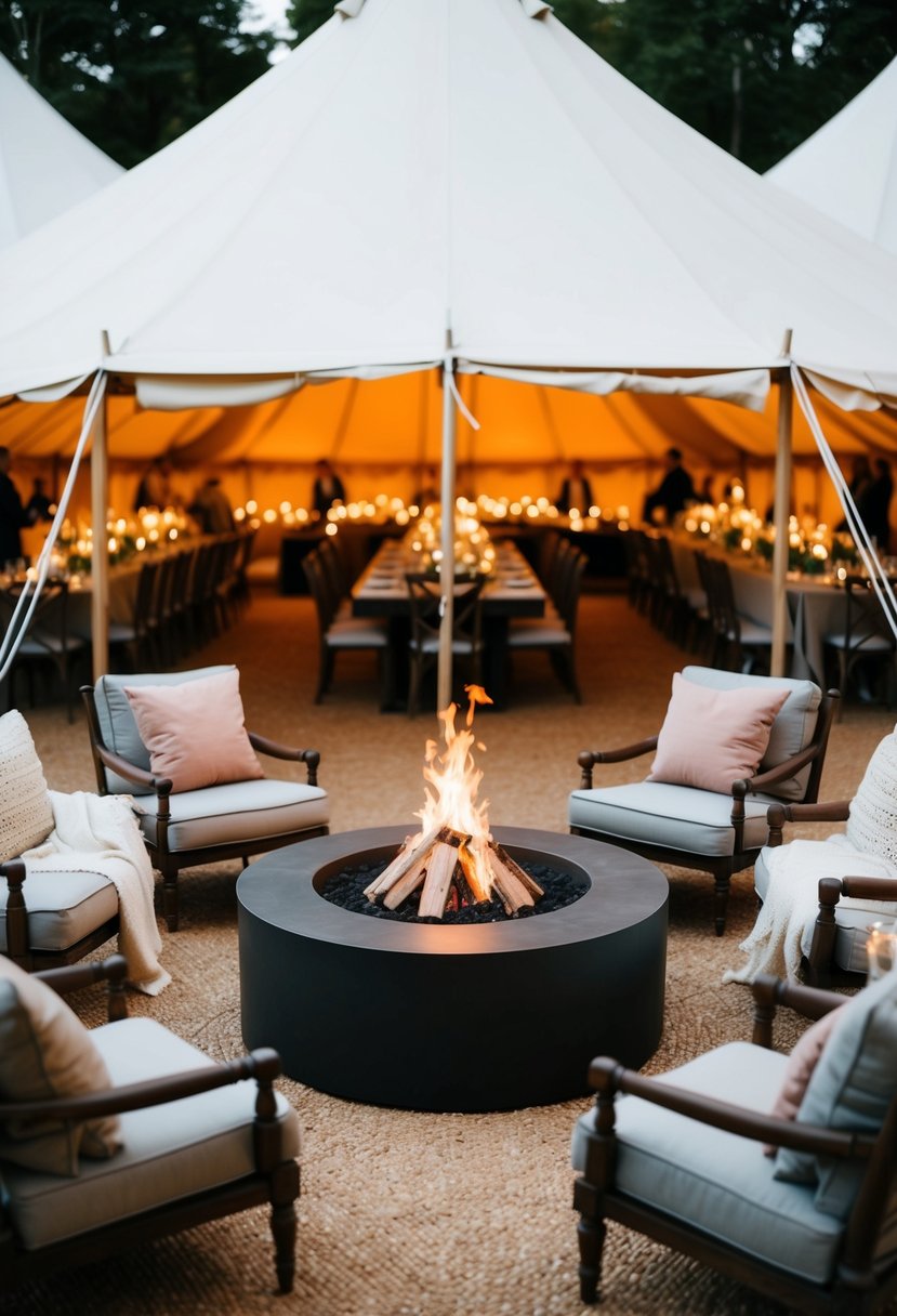 Plush sofas and armchairs arranged around a central fire pit, with soft blankets and throw pillows creating a cozy and inviting atmosphere for a tent wedding