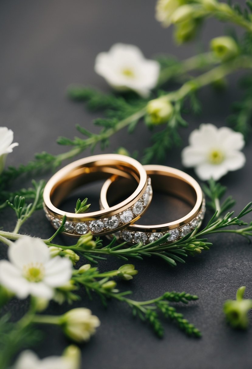 A couple's wedding rings intertwined with delicate flowers and greenery, symbolizing love and unity