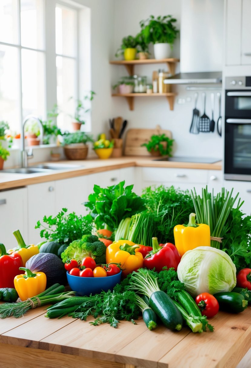 A colorful array of fresh vegetables, herbs, and cooking utensils arranged on a wooden table in a bright, airy kitchen