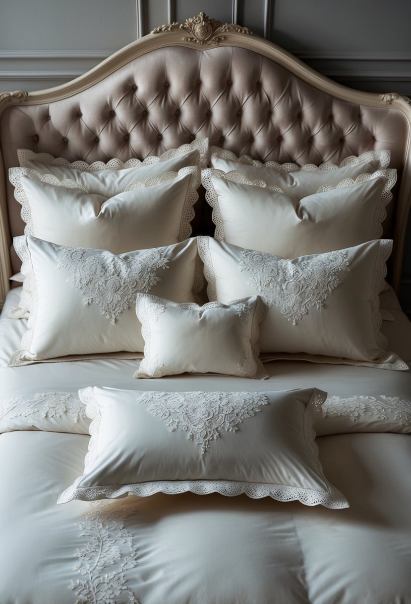 A luxurious bedding set arranged with elegant pillows, a soft duvet, and matching sheets, adorned with delicate lace and intricate embroidery