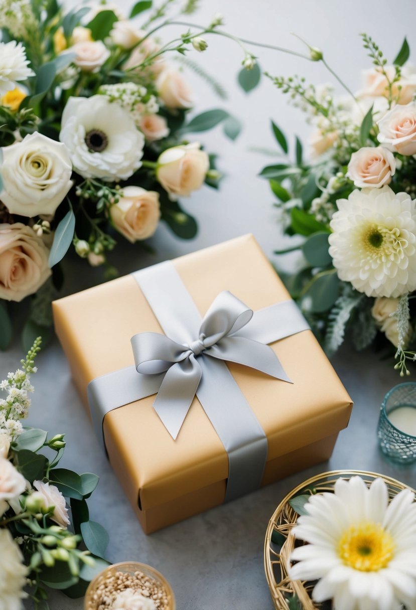 A beautifully wrapped gift box with a ribbon and bow, surrounded by elegant floral arrangements and decorative wedding-themed items