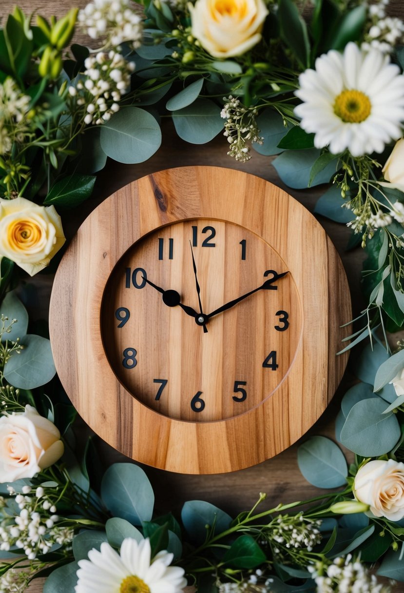 A rustic acacia wood clock surrounded by delicate floral arrangements, a perfect wedding gift for friends