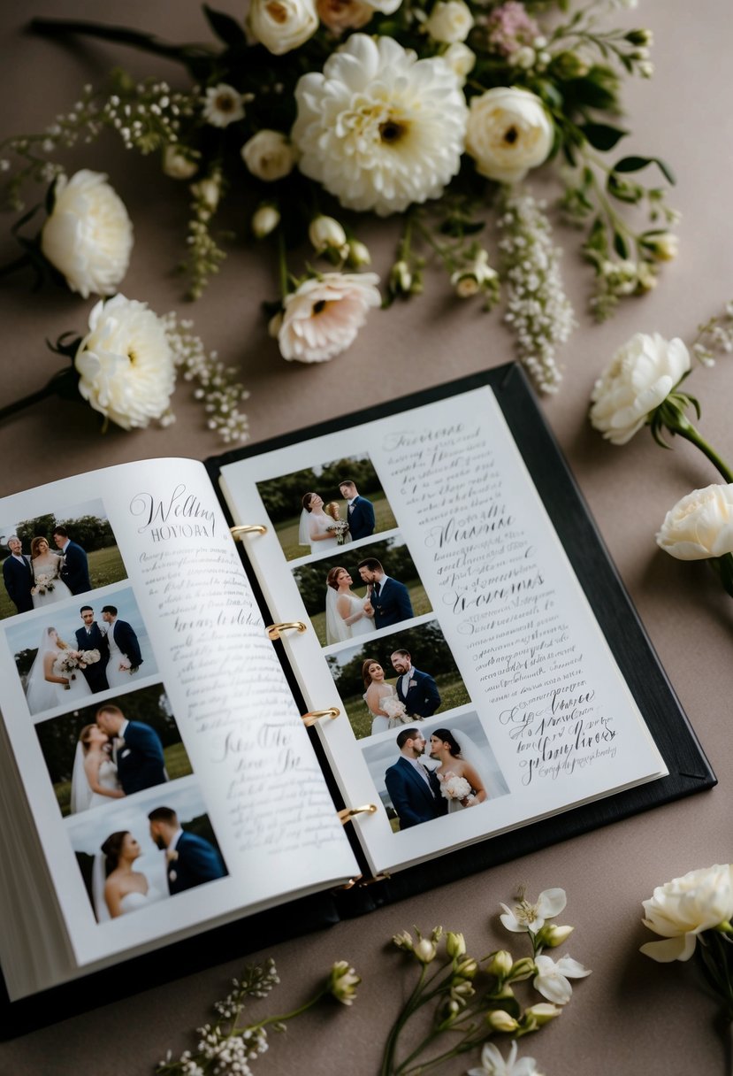 A personalized photo album open to a page filled with wedding moments, surrounded by delicate flowers and elegant calligraphy