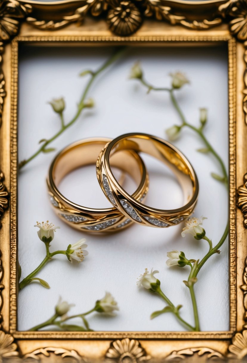 A pair of intertwined gold wedding bands, surrounded by delicate floral and vine motifs, framed in an ornate gold frame