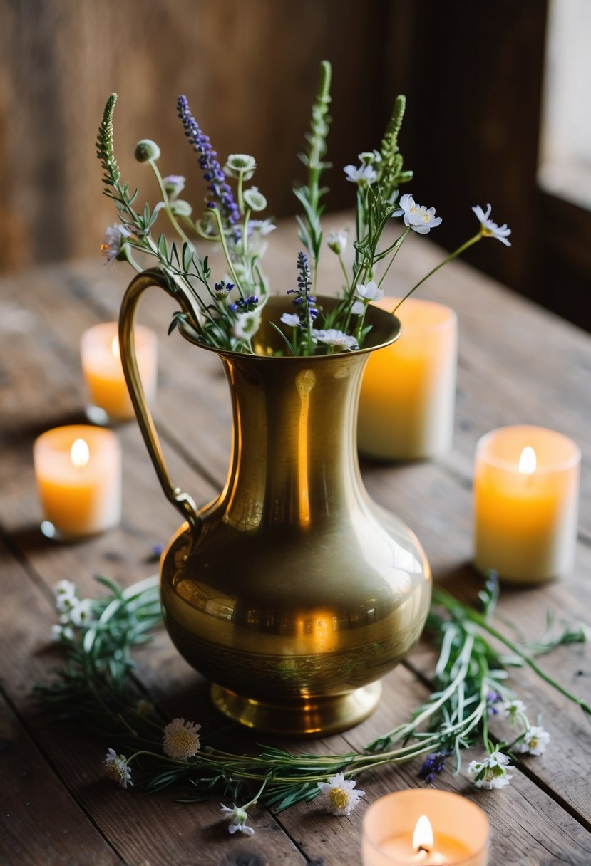 A brass vase sits on a rustic wooden table, surrounded by delicate wildflowers and soft candlelight, making it a perfect wedding gift for friends