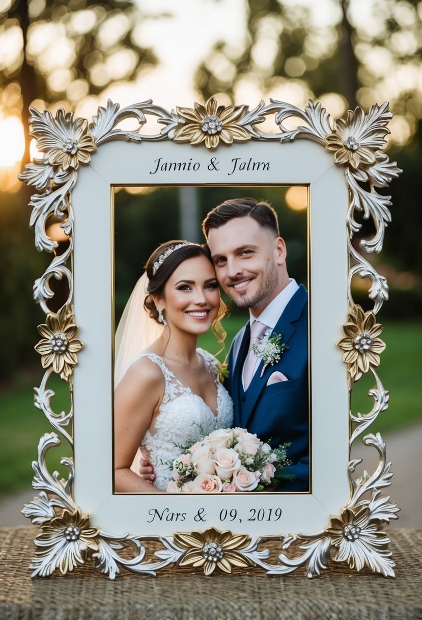 An ornate photo frame with intricate floral designs, personalized with the couple's names and wedding date