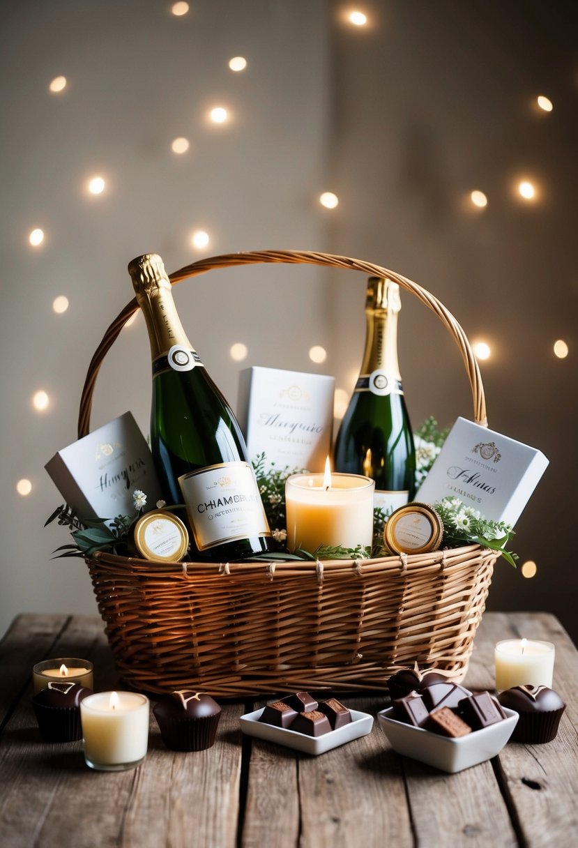 A beautifully arranged gift basket filled with personalized wedding gifts, such as champagne, candles, and chocolates, sits on a rustic wooden table