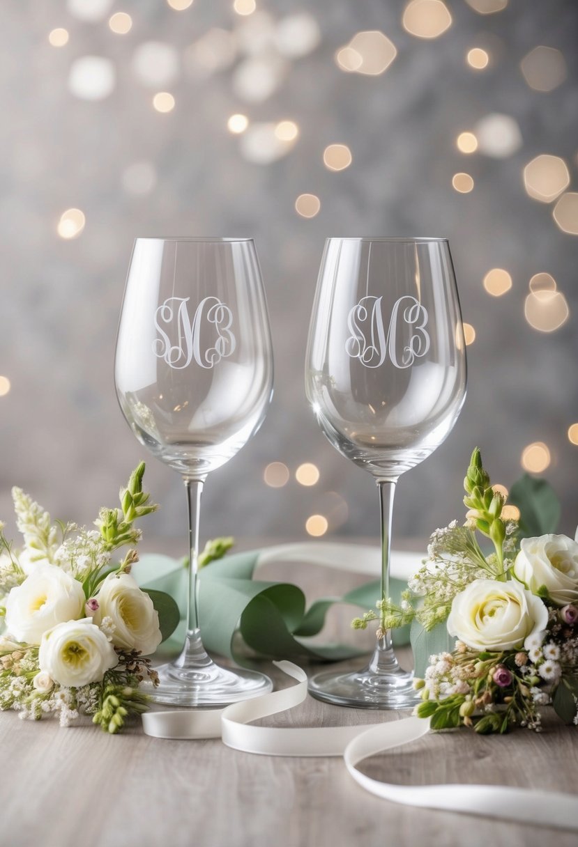 Two elegant monogrammed wine glasses surrounded by delicate floral arrangements and a ribbon, perfect as a wedding gift for a son and daughter-in-law