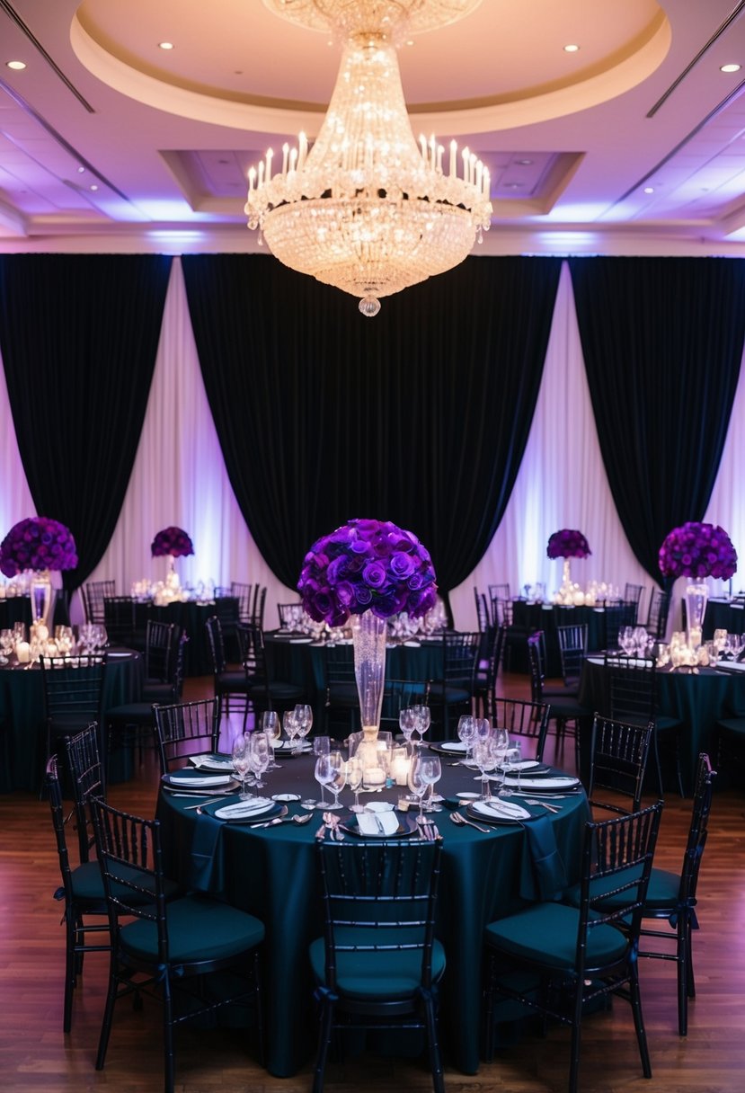 A grand ballroom adorned with deep purple flowers and black velvet drapes. A majestic chandelier casts a romantic glow over the elegant tables set with dark linens and shimmering silverware