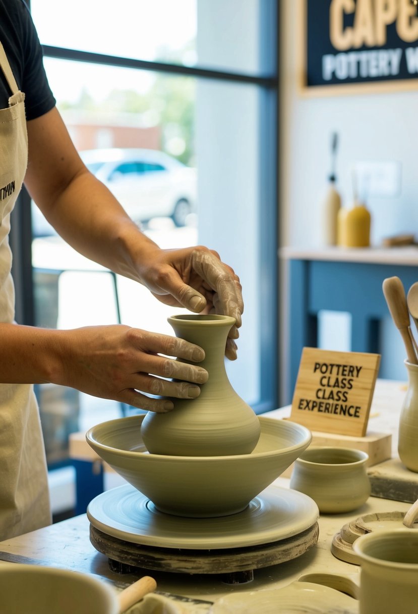 A pottery wheel spins as clay is shaped into a vase. Tools and glazes sit on a table nearby. A sign reads "Pottery Class Experience."