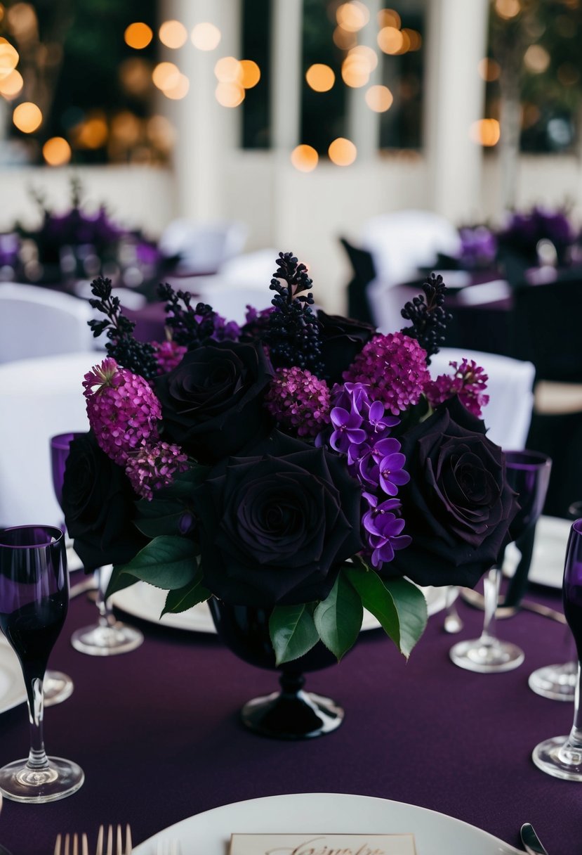 A table set with dark roses and lilacs in purple and black floral centerpieces