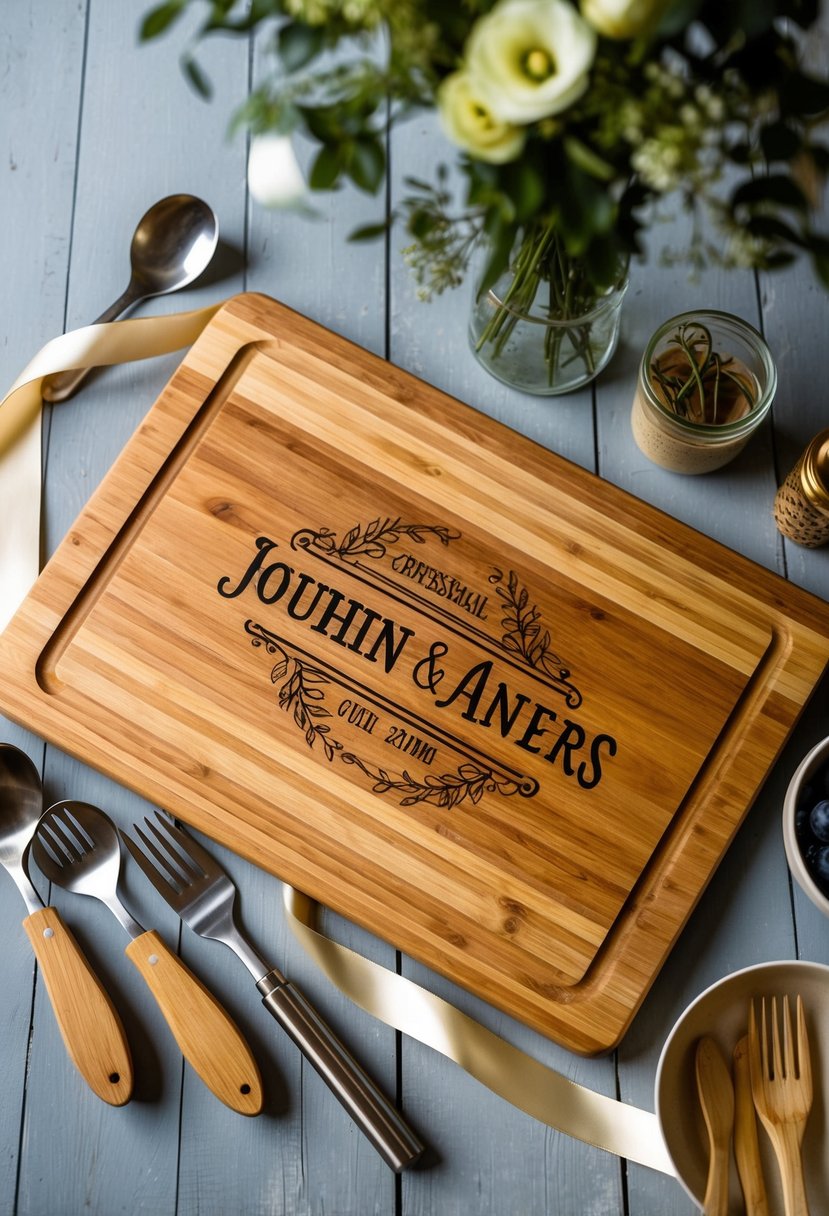 A wooden cutting board with engraved names, surrounded by kitchen utensils and a ribbon