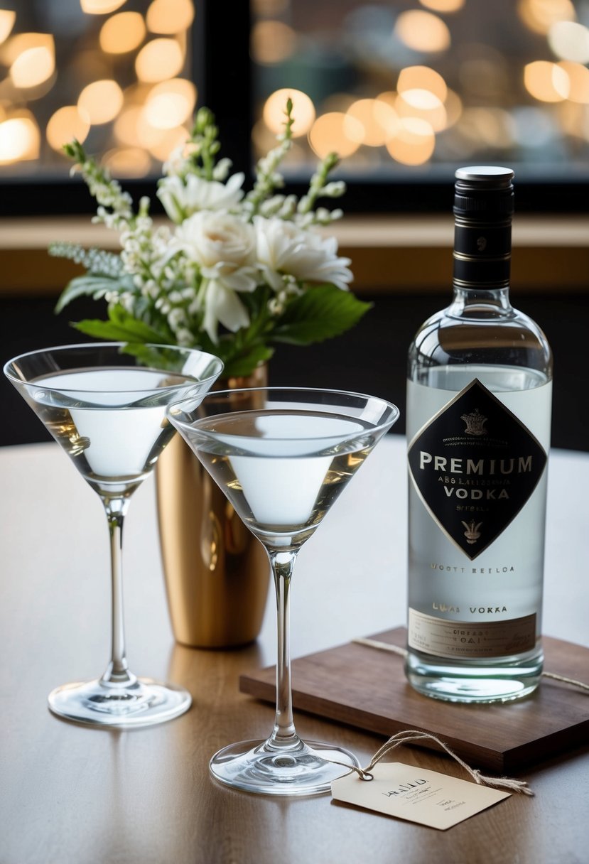 A table with two elegant martini glasses, a shaker, and a bottle of premium vodka, surrounded by delicate flowers and a gift tag