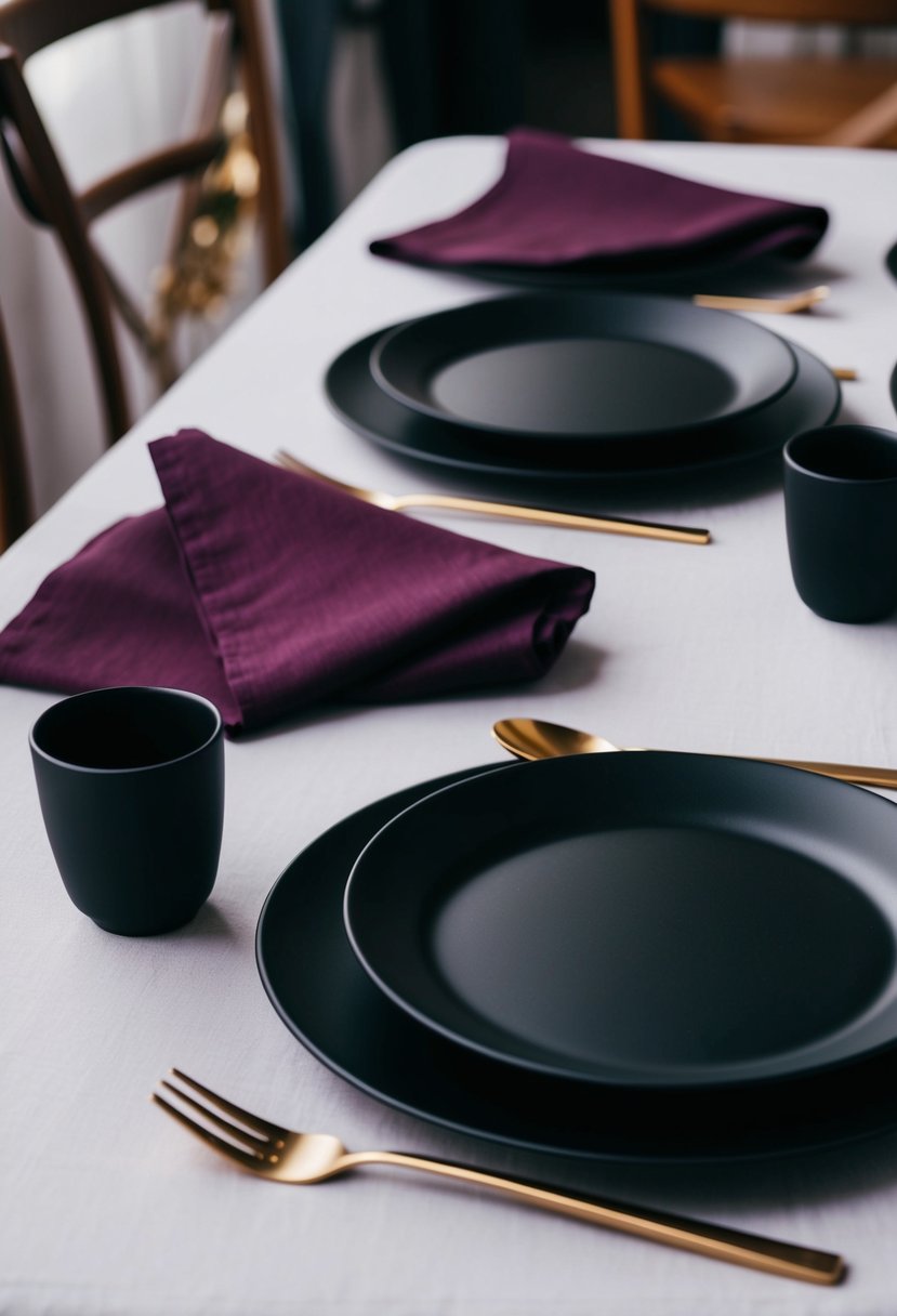 Matte black dinnerware with deep purple napkins on a table