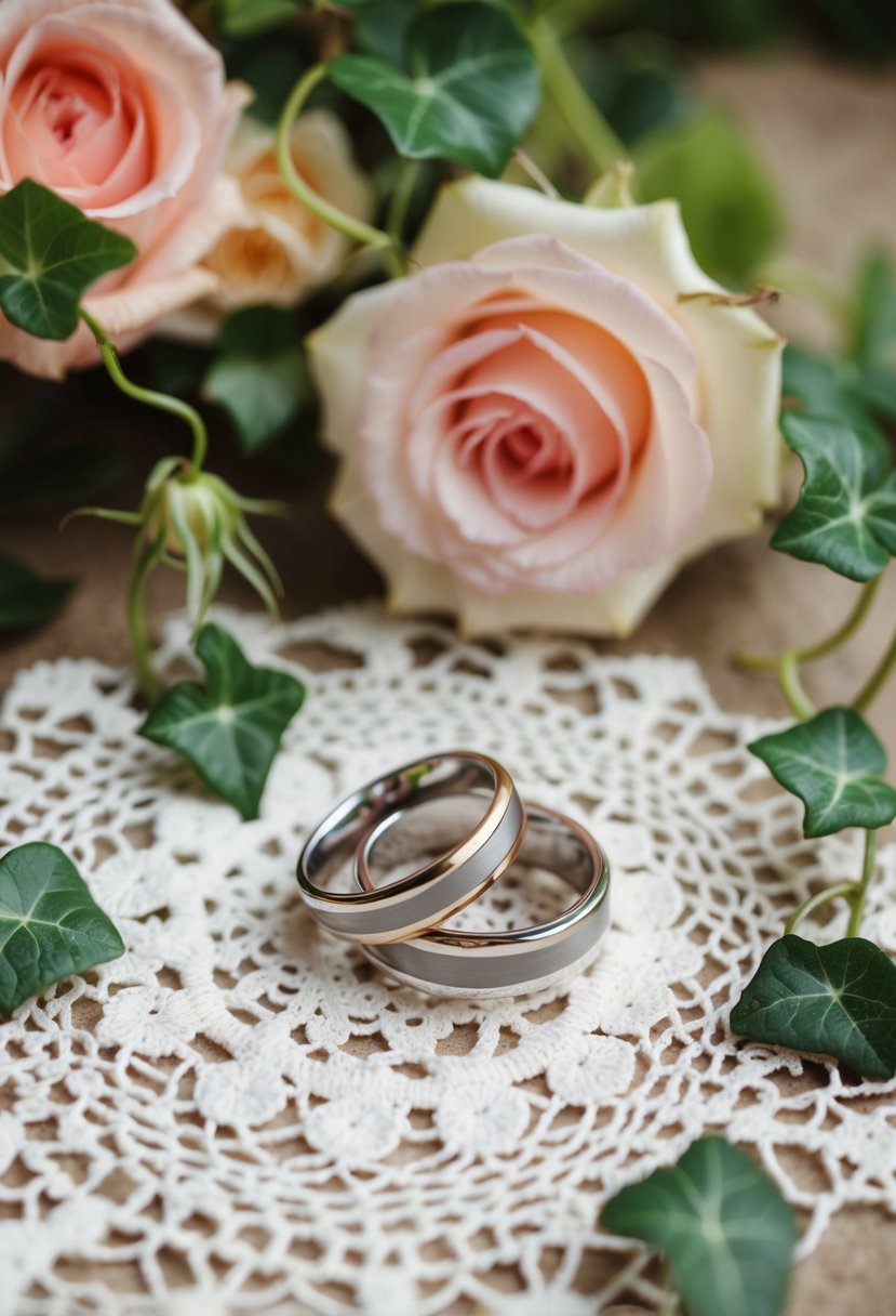 A pair of intertwined wedding rings resting on a delicate lace doily, surrounded by blooming roses and trailing ivy