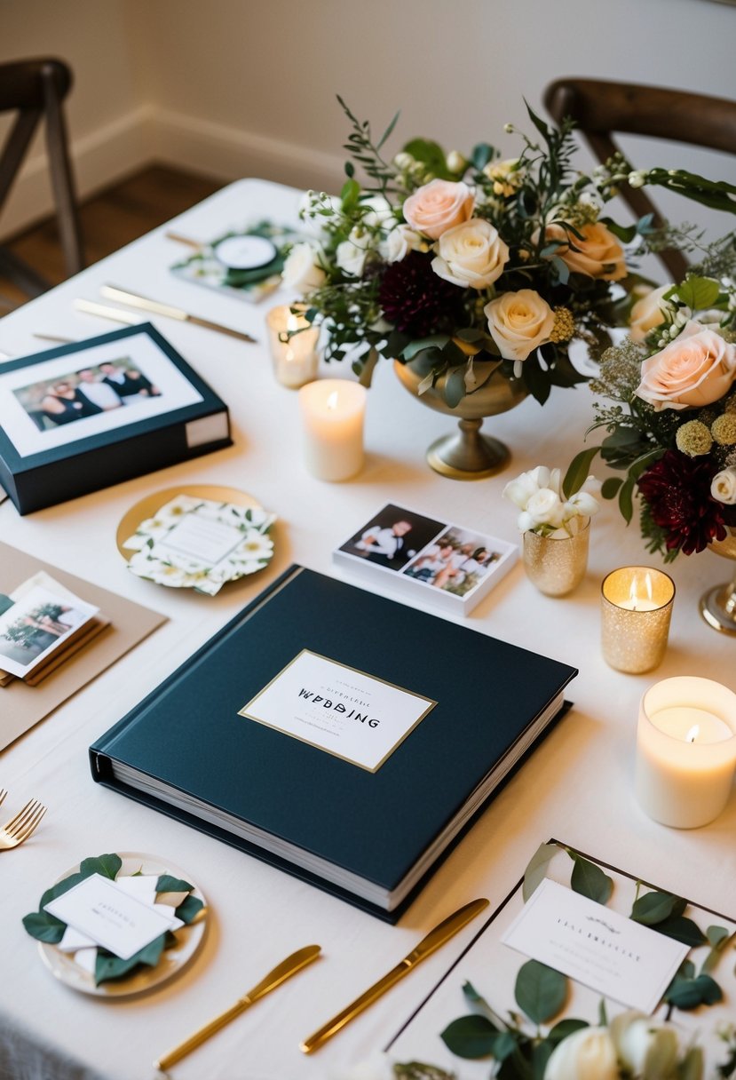 A table set with a wedding photo album, decorative paper, and craft supplies, surrounded by flowers and candles