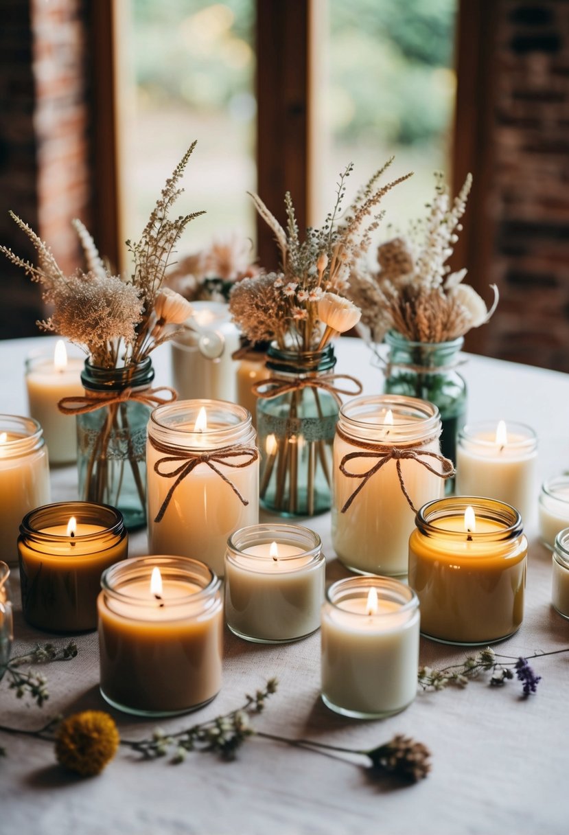 A table adorned with a variety of homemade candles in elegant glass jars, tied with rustic twine and adorned with delicate dried flowers