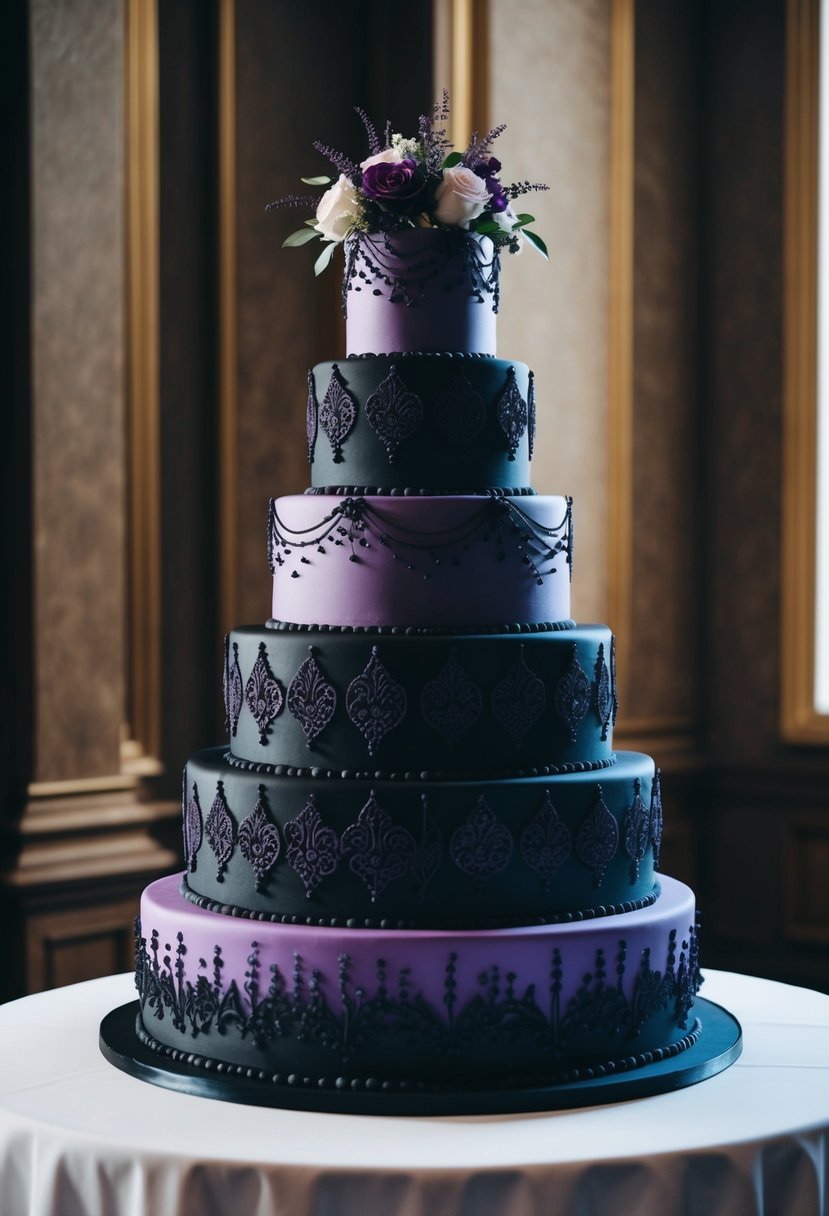 A towering wedding cake adorned with intricate purple and black designs, casting a dramatic shadow against a regal backdrop