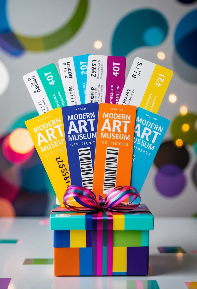 A group of colorful modern art museum tickets arranged in a decorative gift box, surrounded by abstract shapes and patterns