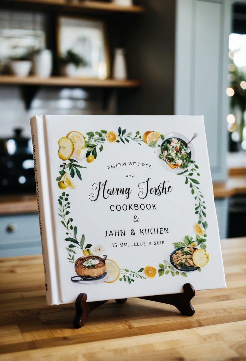 A custom cookbook with recipes and illustrations, featuring the couple's names and wedding date, displayed on a kitchen counter