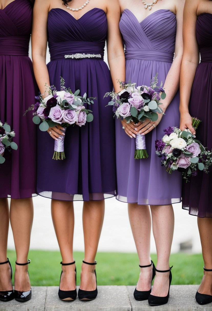 Bridesmaid dresses in shades of purple, with black shoes, bouquets, and accessories