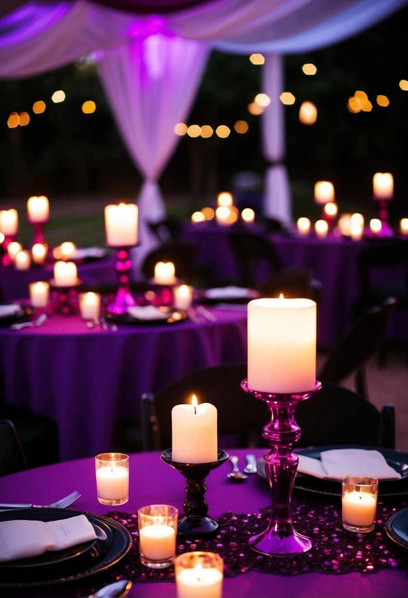 Candlelit tables with purple and black decor create a romantic ambiance