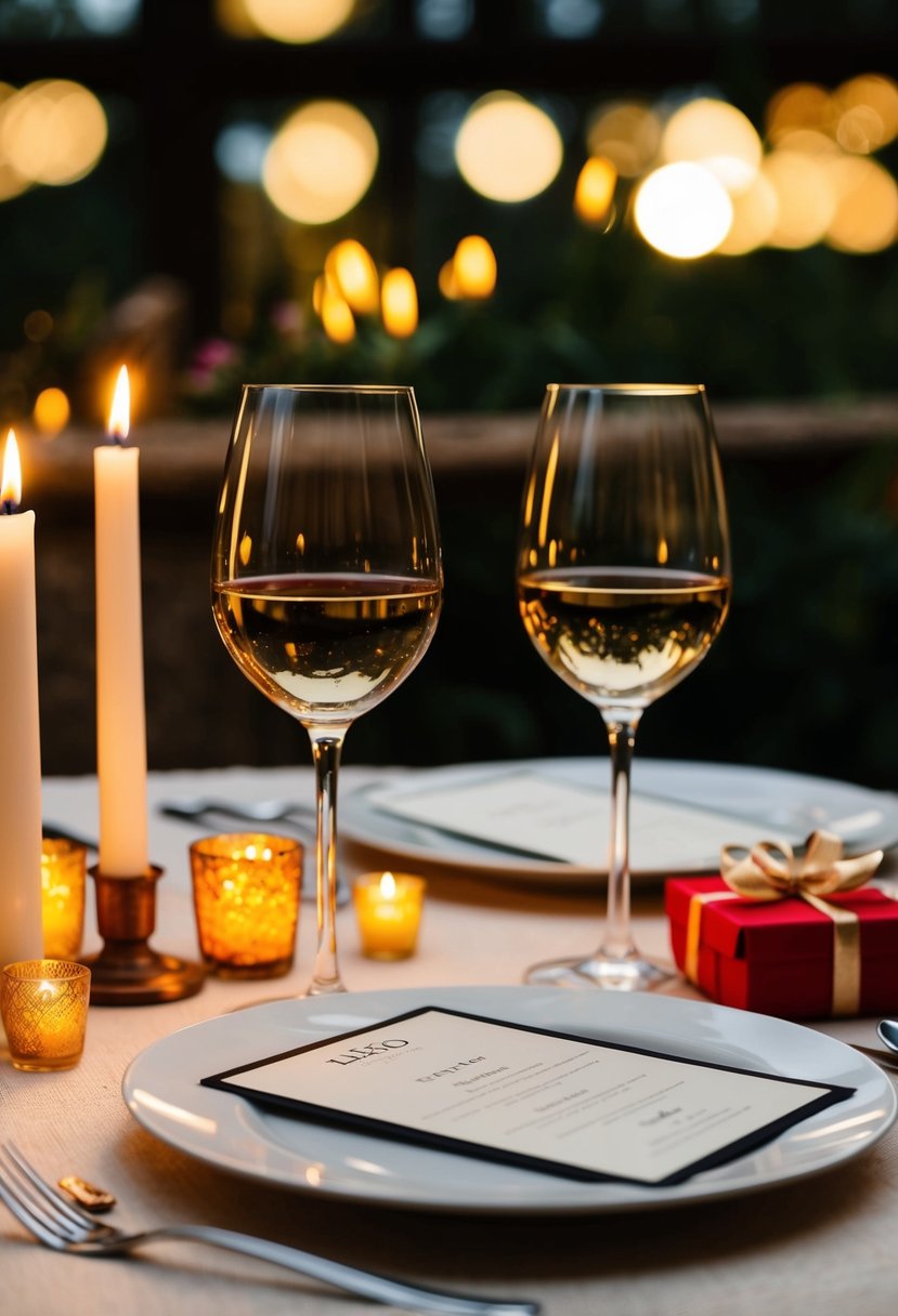 A candlelit table with two wine glasses, a gift card, and a romantic dinner menu