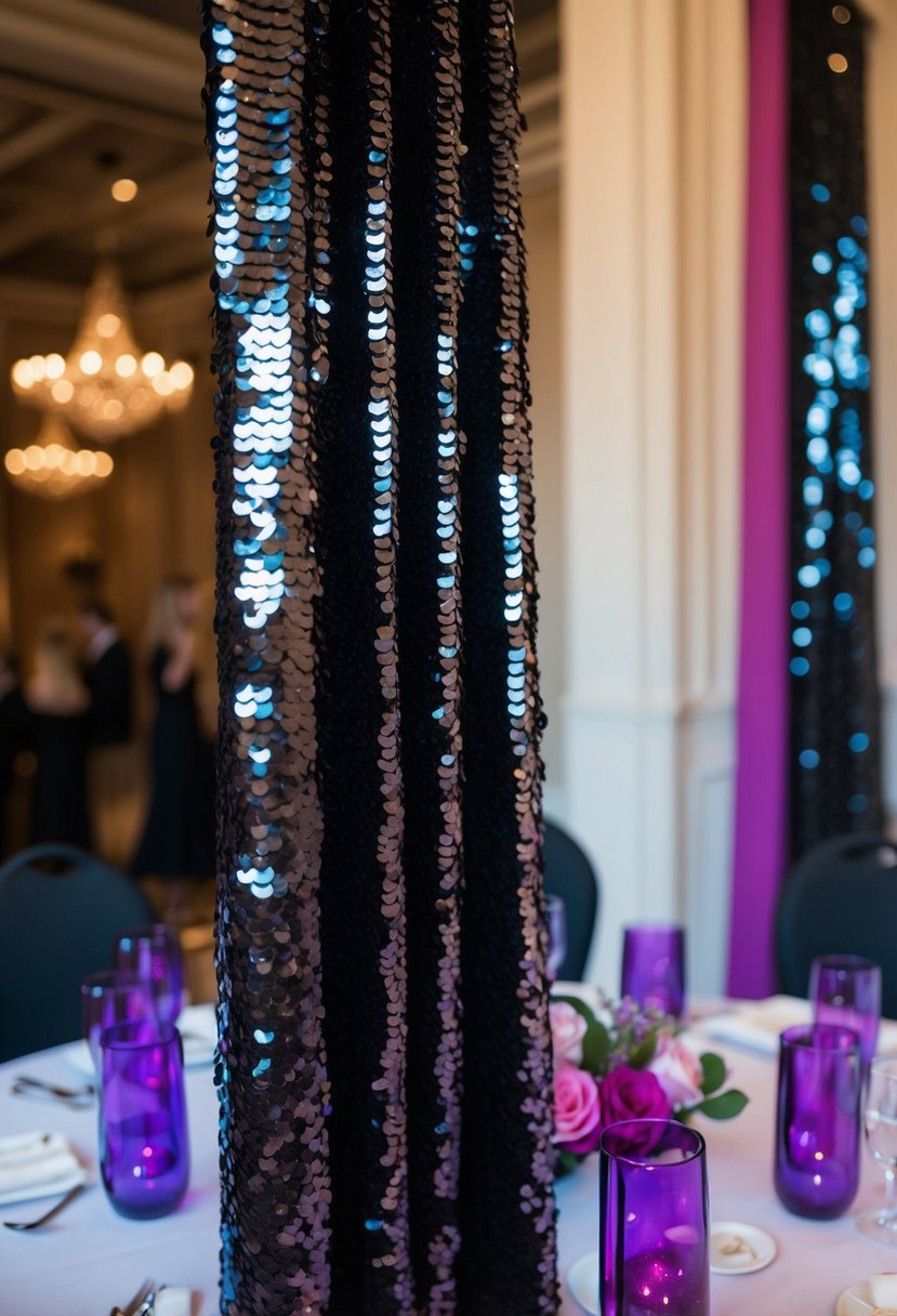 A black sequin curtain hangs behind a table filled with purple wedding props