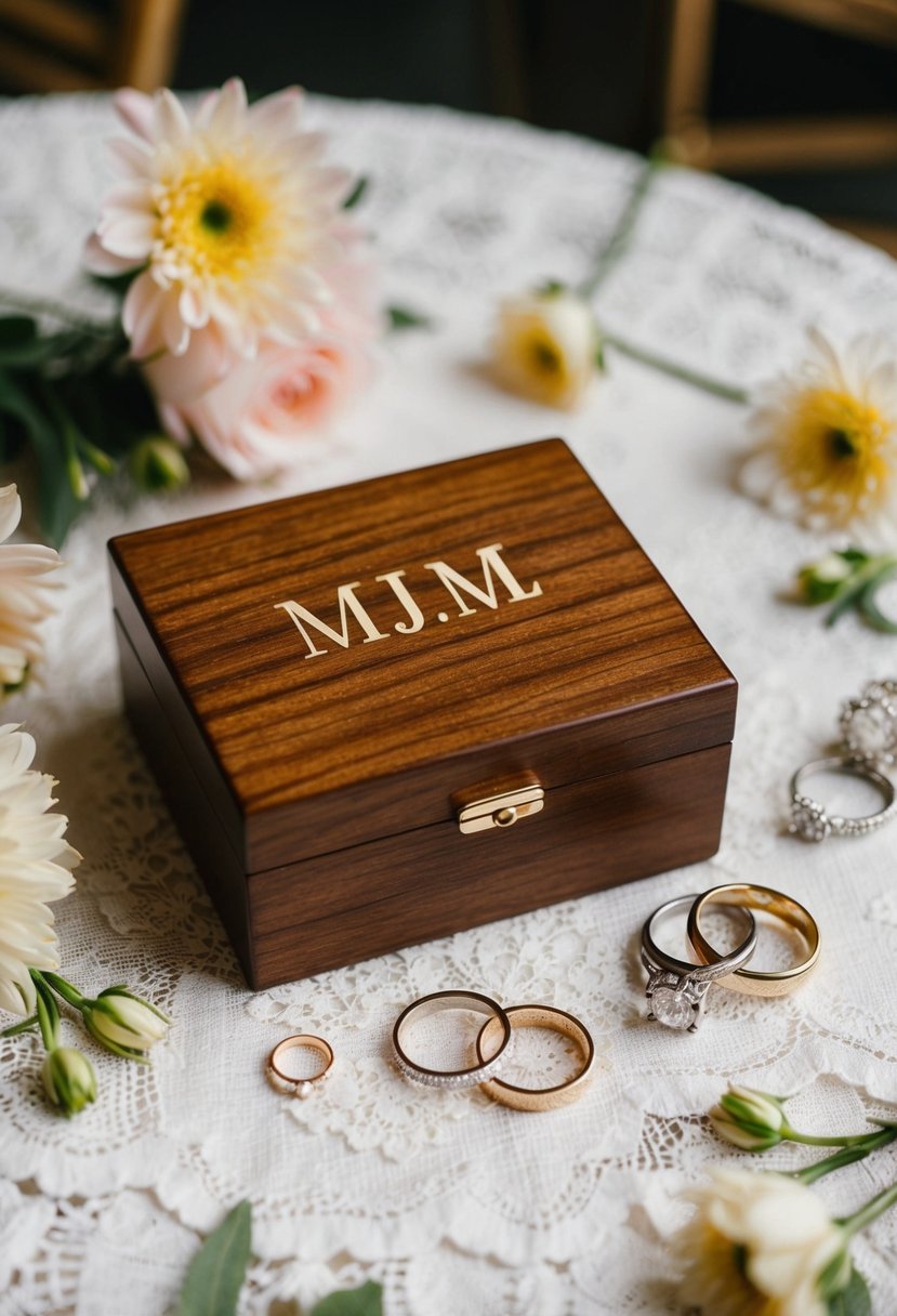 A wooden jewelry box with personalized initials sits on a lace tablecloth, surrounded by delicate flowers and wedding rings