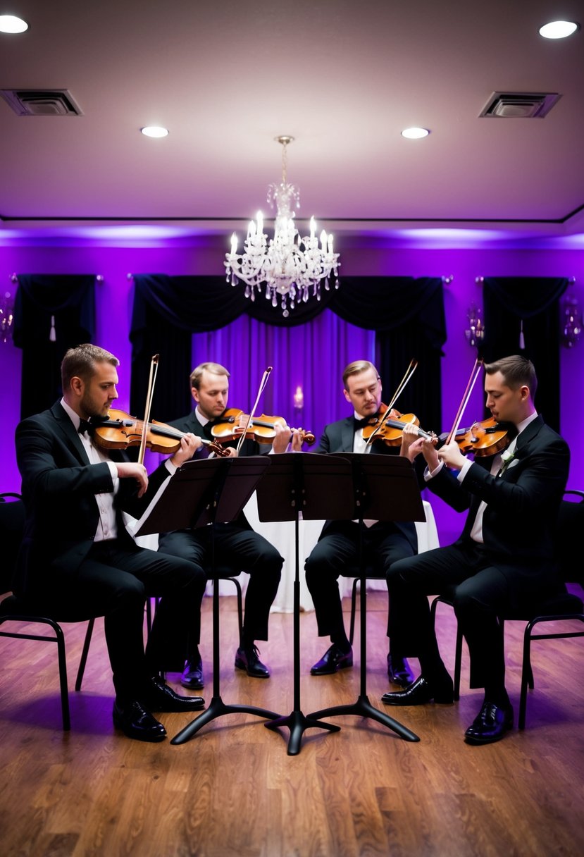 A string quartet performs in a dimly lit room, surrounded by purple and black decor, setting a moody atmosphere for a wedding