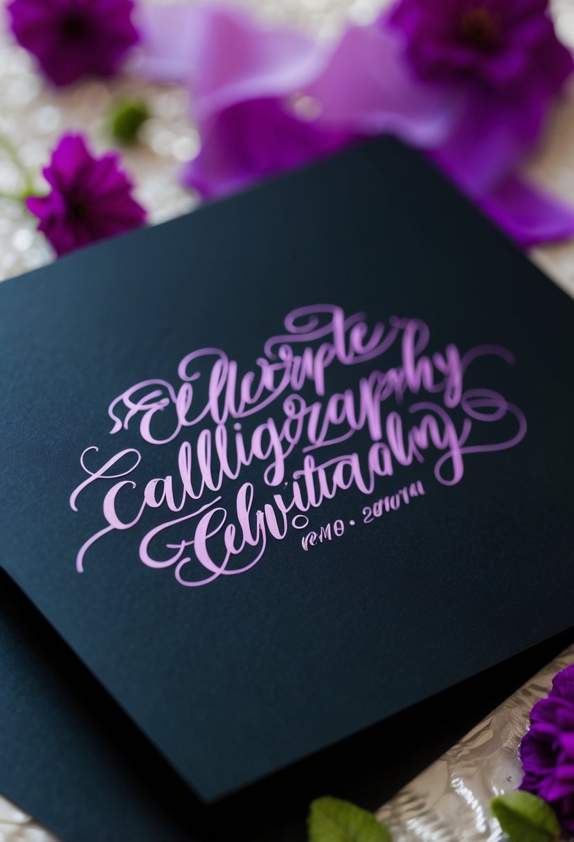 Elegant purple calligraphy on black paper for wedding invitations