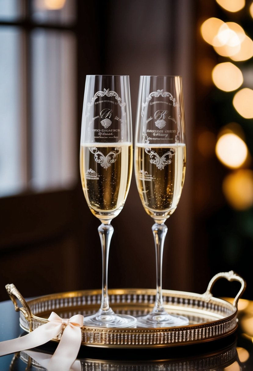 Two elegant champagne flutes with engraved designs, displayed on a decorative tray with a ribbon