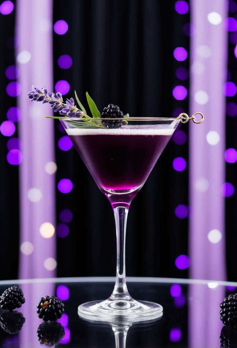 A glass filled with a deep purple cocktail, garnished with a sprig of lavender and floating blackberries, set against a black and purple wedding backdrop