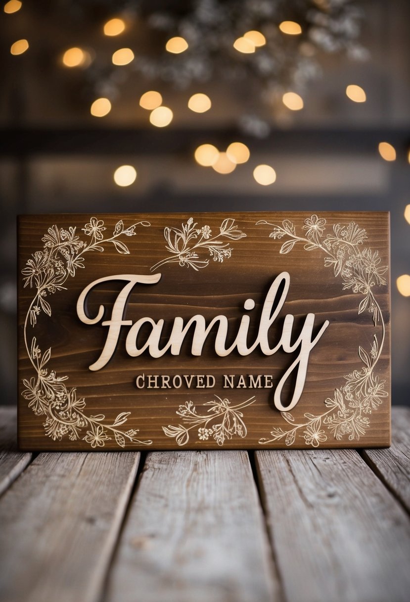 A wooden sign with the family name carved in elegant script, surrounded by delicate floral designs and placed on a rustic background