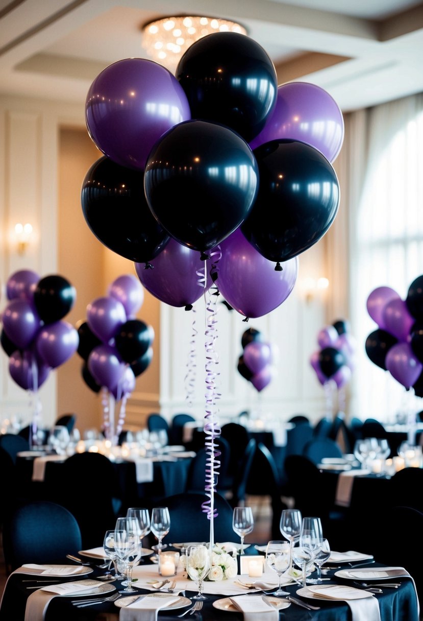 Black and purple balloons fill the elegant wedding venue, creating a festive and classy atmosphere