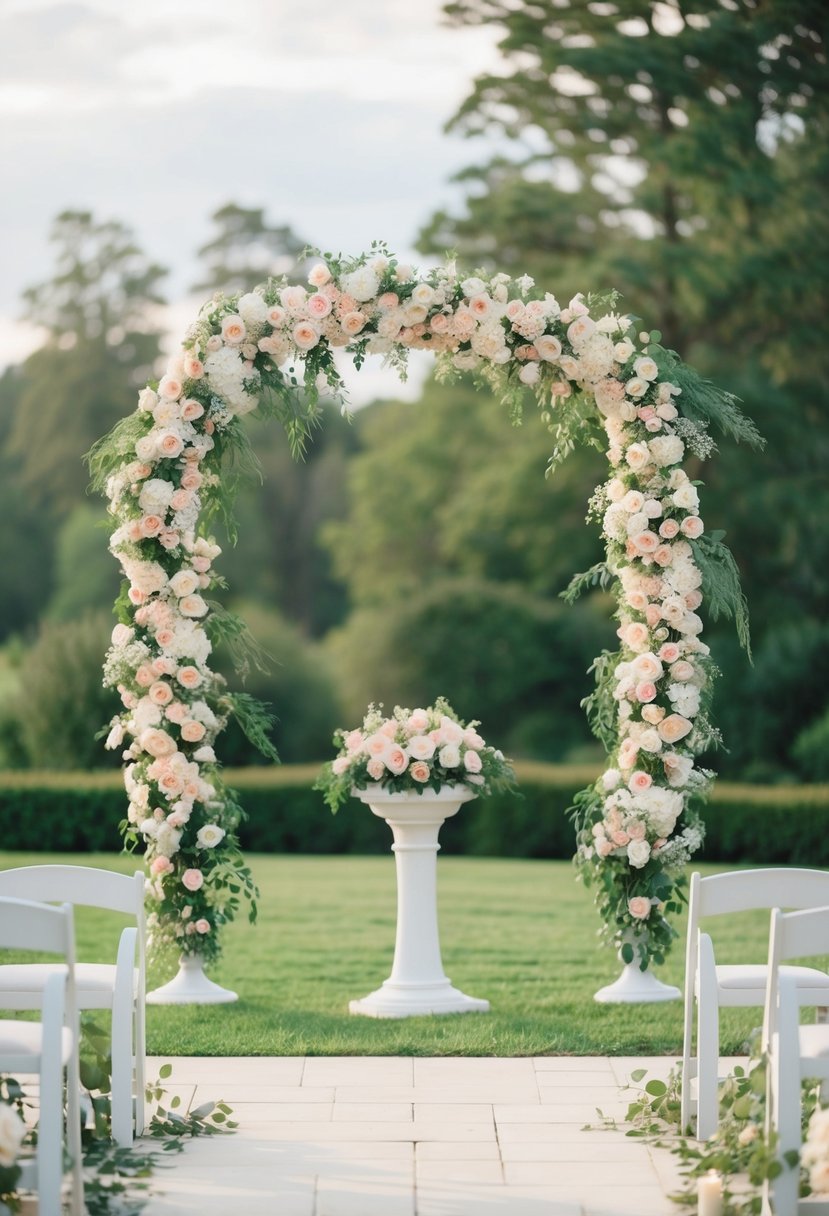 A serene outdoor setting with a flower-adorned altar and a gentle breeze