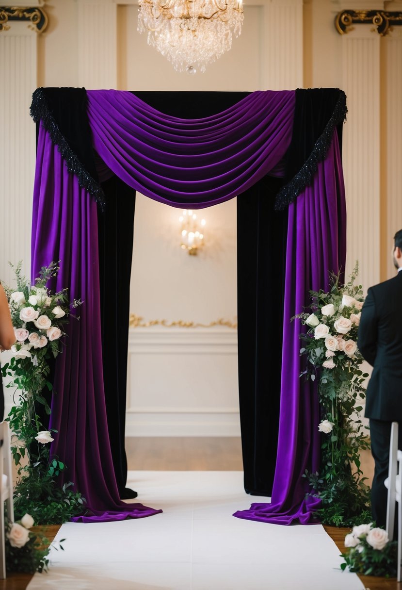 A wedding arch draped in purple velvet with black detailing