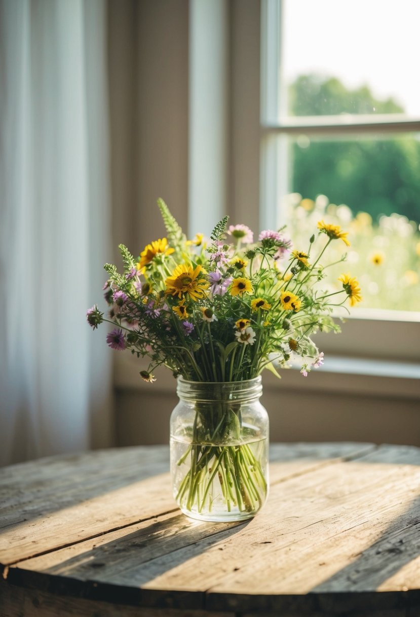 A small bouquet of wildflowers resting on a rustic wooden table, bathed in soft sunlight streaming through a window