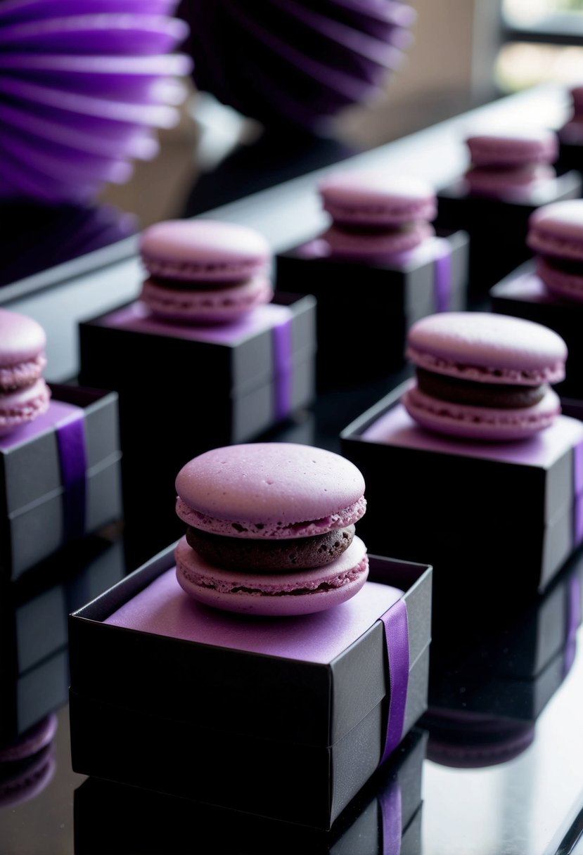 Purple macaron party favors in black boxes on a sleek, modern table. All decorations in shades of purple and black