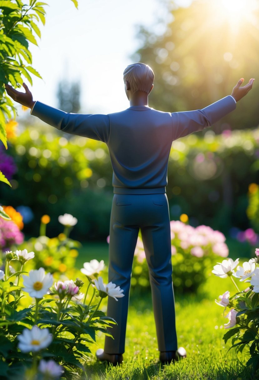 A figure standing in a sunlit garden, surrounded by blooming flowers and greenery, with arms outstretched in a gesture of support and love