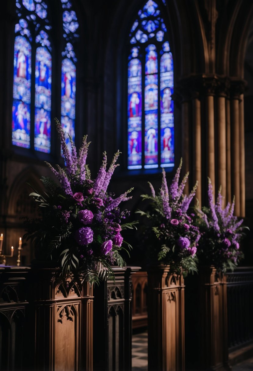 A dimly lit gothic cathedral, adorned with purple and black floral arrangements, casting haunting shadows