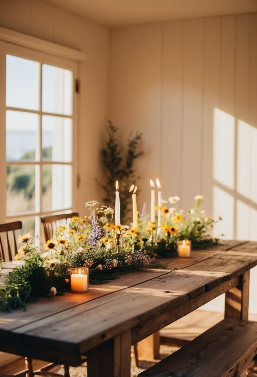 A cozy, sunlit room with a rustic wooden table adorned with wildflowers and flickering candles, casting a warm glow