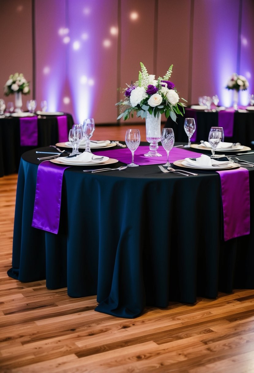 A black tablecloth with purple runners creates a striking contrast for a wedding reception