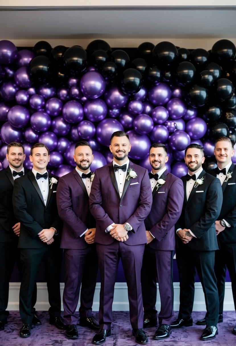 A group of groomsmen stand in plum and black attire against a backdrop of purple and black wedding decor