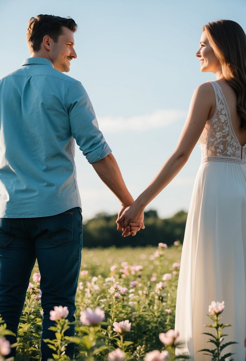 A couple standing in a field, surrounded by blooming flowers and a clear blue sky, holding hands and looking into each other's eyes with love and devotion