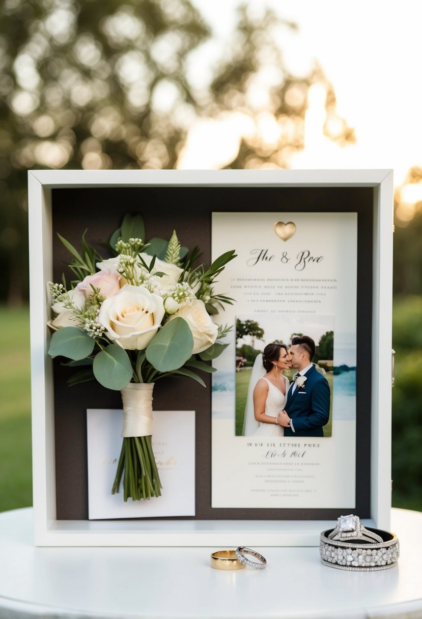 A wedding shadow box with a bouquet, wedding rings, invitation, and a photo of the couple