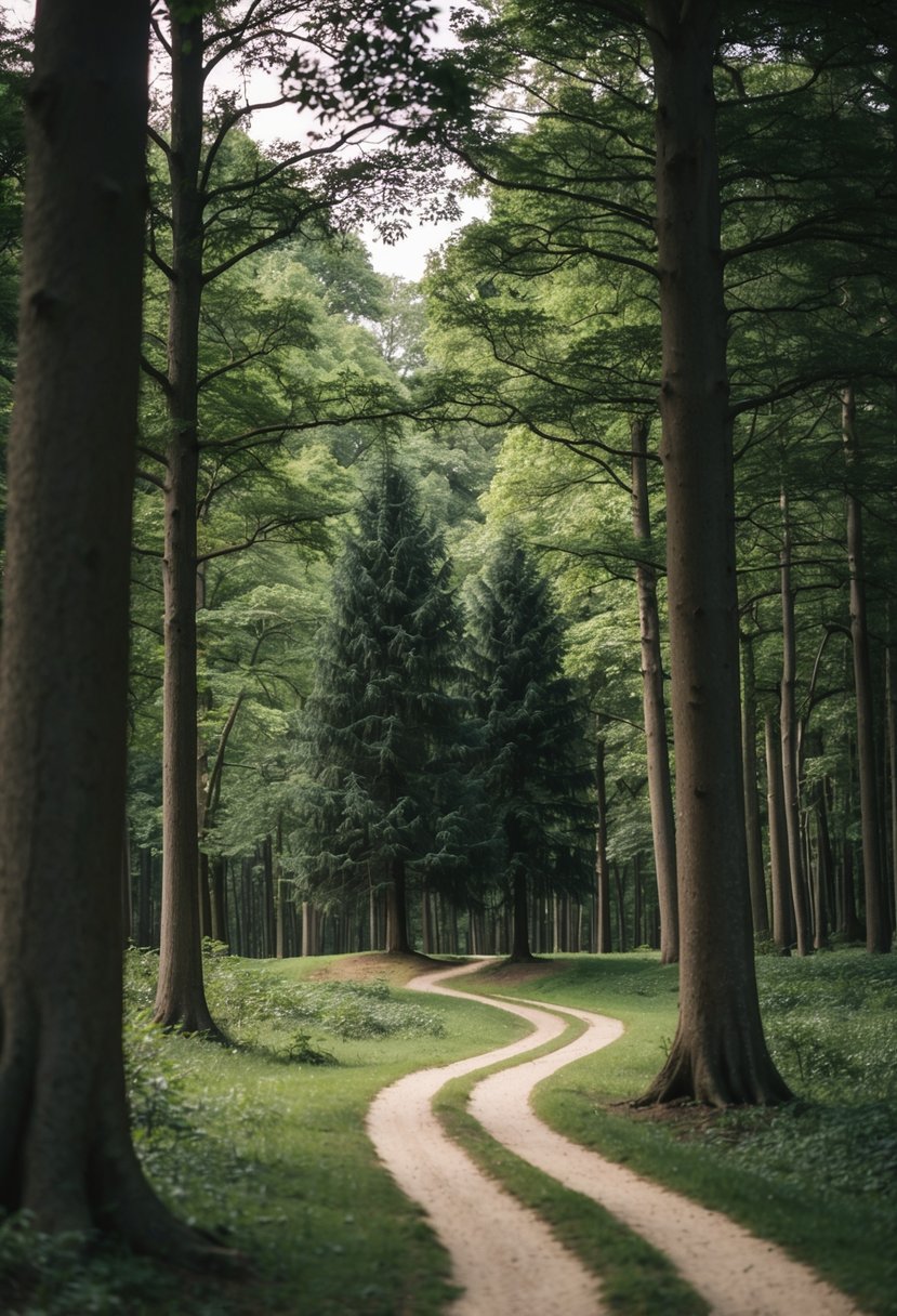 A winding path through a dense forest, with a small clearing where two trees stand close together, symbolizing the enduring commitment of marriage