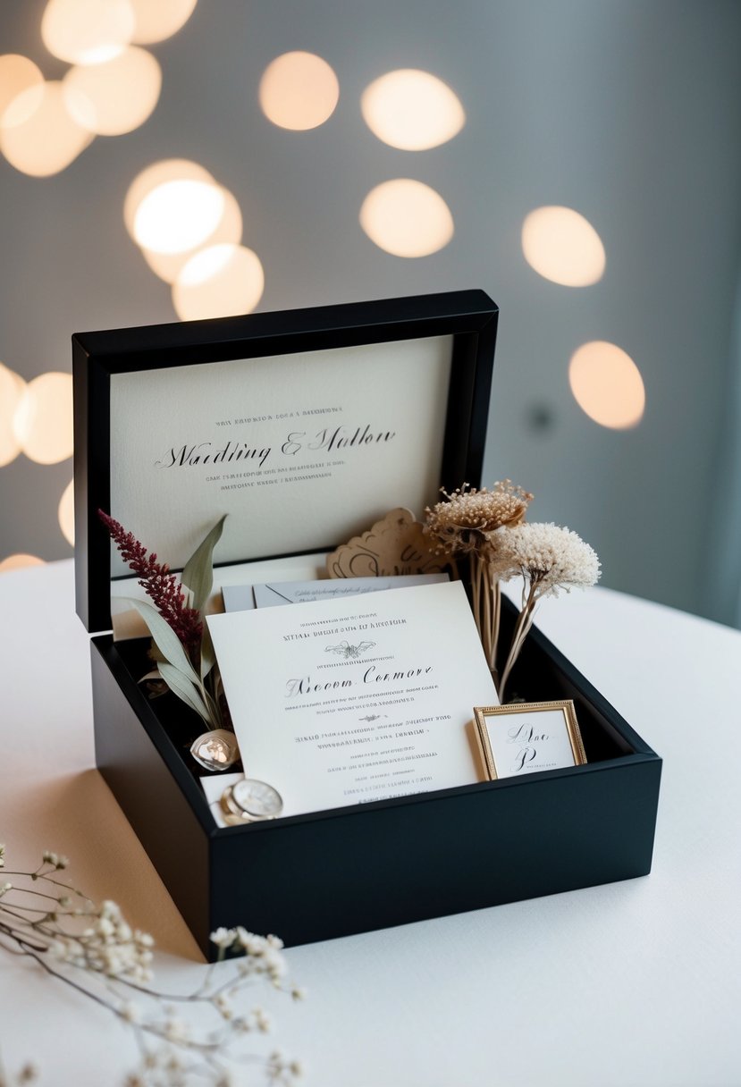 A shadow box filled with wedding invitation, dried flowers, and mementos